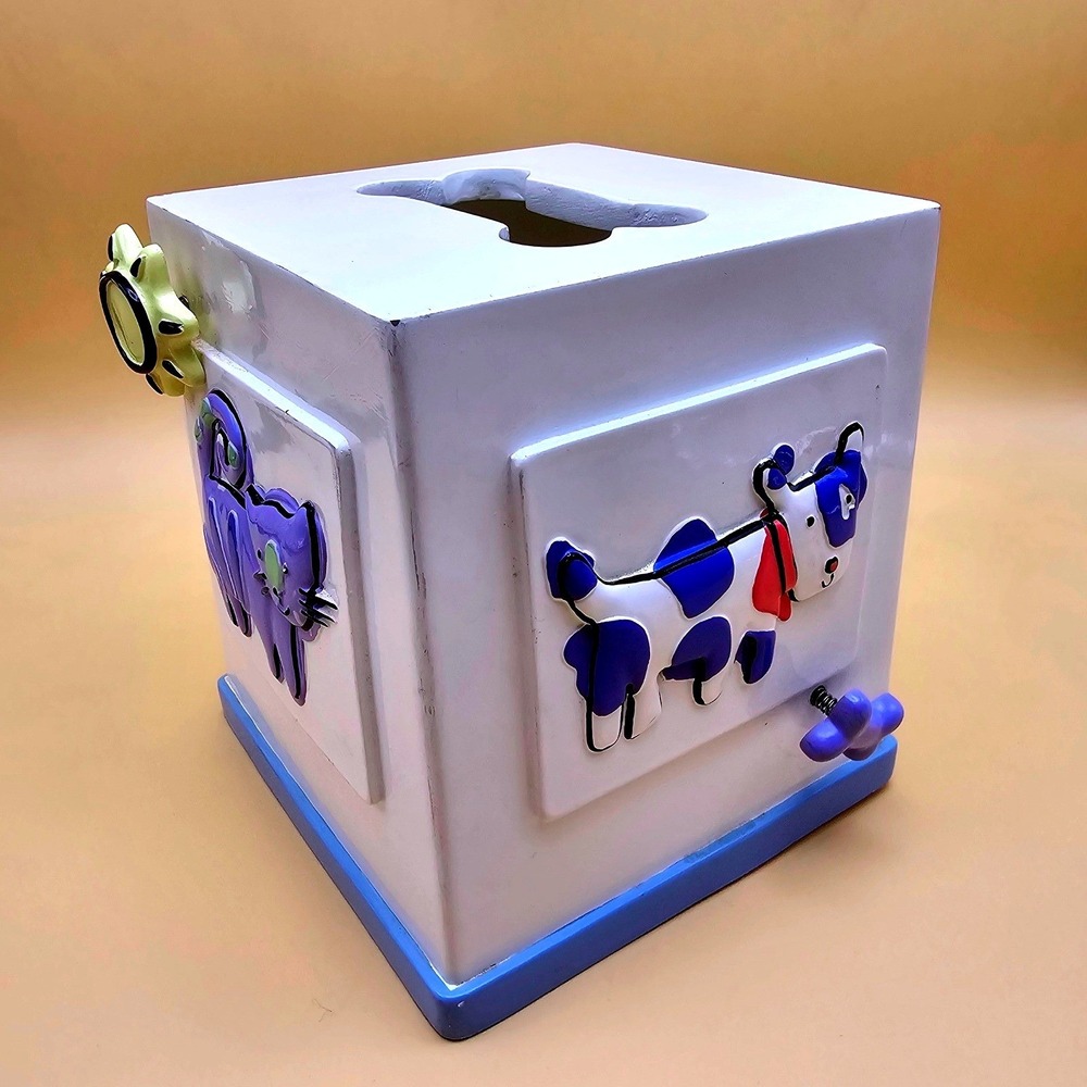 Fun Jenny Jeff Designs Kids Animal Tissue‎ Box Cover Cow Cat Blue White